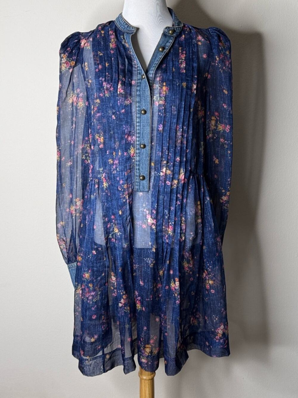 Philosophy Di Lorenzo Serafini Blue Sheer Floral Pleated Midi Dress